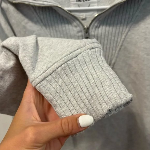 Aerie Women's XS Down To Earth Ribbed Quarter Zip Cotton Sweater Oversized Grey - Picture 6 of 6